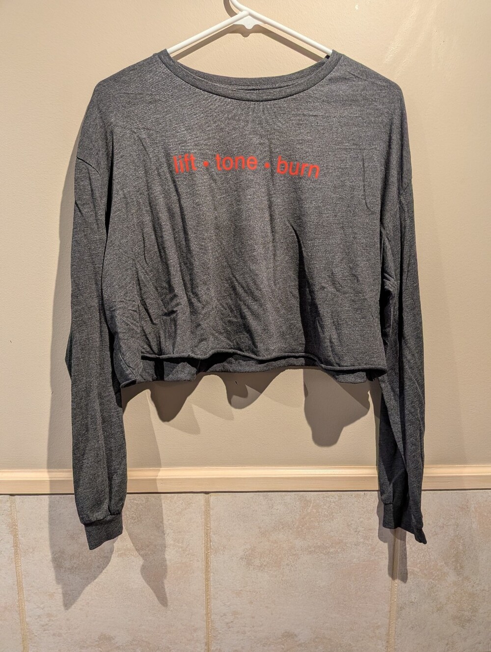 Pure Barre, Lift Tone Burn Long Sleeve Crop Tee, Charcoal, Size L